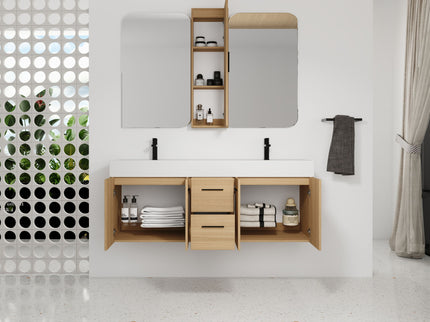 Floating Double Sink Bathroom Vanity Set With Tall Linen Cabinet, Drawers And Doors, Extra Large Storage, Integrated Sink, Soft Close Hardware - Glossy White / Light Oak
