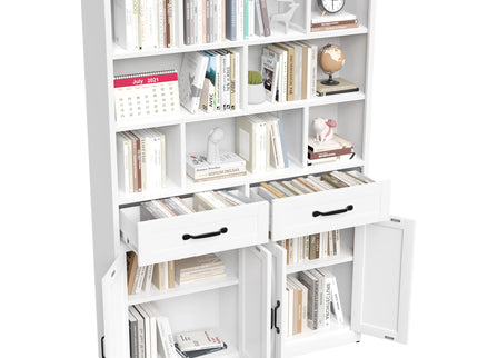 Bookcase Tall With 2 Doors & 2 Drawers, Fixed Open Shelves - White