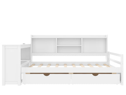 Corner Daybed With Storage Drawers, Desk, Charging Port & Bookcase