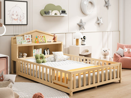 Full Size Montessori Floor Bed With Bookcases And boards, Solid Wood Platform Bed With Guard Rails And Storage Headboards - Natural