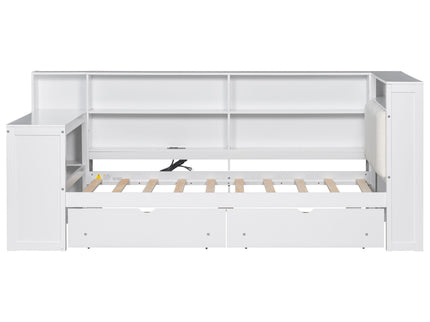 Platform Bed With Upholstered Headboard, Storage Shelves, Drawers, Charging Station, LED Lighting, Built In Desk