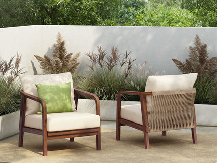 Outdoor Lounge Chair With Woven Backrest, Solid Wood Frame, Comfortable Cushions