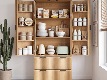 Fluted Kitchen Pantry Cabinet With 2 Large Drawers & 8 Door Spice Rack Freestanding Storage Organizer - Oak