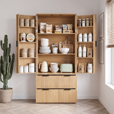 Fluted Kitchen Pantry Cabinet With 2 Large Drawers & 8 Door Spice Rack Freestanding Storage Organizer - Oak