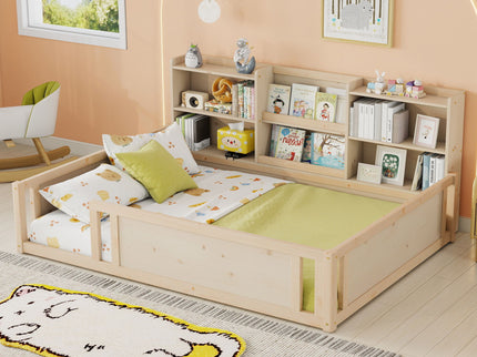 Platform Floor Bed With Guardrail Fence And Side Storage Shelves