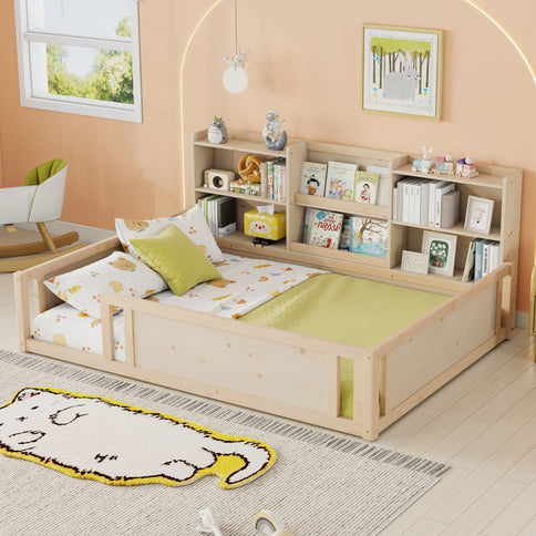 Platform Floor Bed With Guardrail Fence And Side Storage Shelves