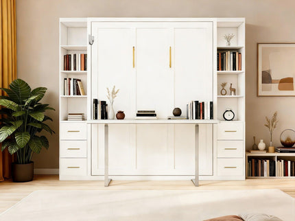 Queen Size Murphy Wall Bed With Side Storage Cabinets - White