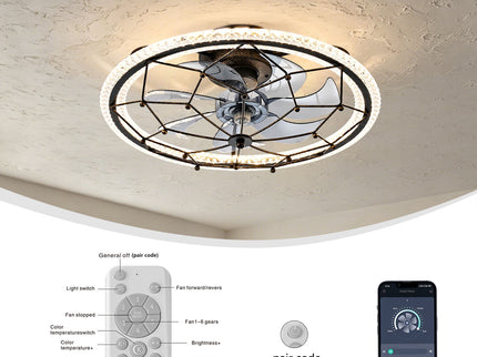 Caged Ceiling Fan With Remote Control Lights, 6 Speeds, 3 Color Temperature LED - Antique Black