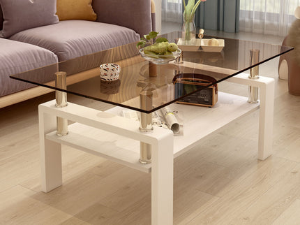Modern Rectangular Coffee Table With Tempered Transparent Glass Top And Storage Shelf