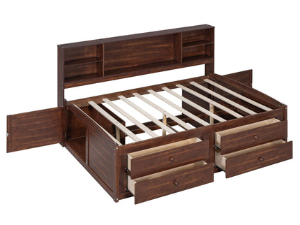 Full Size Captain Bed With Built In Storage Shelves, 4 Drawers And 2 Cabinets - Antique Brown