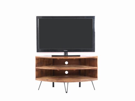 Fan Shape Reclaimed Wood Corner Media Table For Living Room Wise Use Your Space - Natural