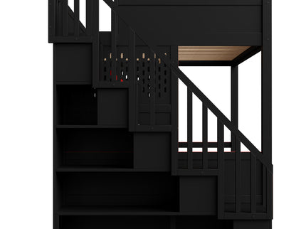 Full Gaming Loft Bed With Desk And Storage Staircase, LED Lights And USB - Red / Black