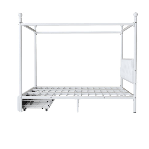 Queen Size Canopy Platform Bed With Upholstered Headboard And 2 Storage Drawers - White