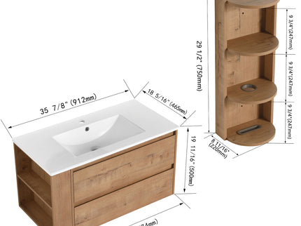 Modern Wall Mounted Bathroom Vanity With Ceramic Sink And Storage Rack, 2 Soft Close Drawers