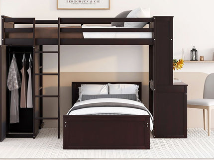 Loft Bed With A Stand Alone Bed, Shelves, Desk, And Wardrobe
