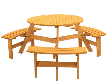 6 Person Circular Outdoor Wooden Picnic Table For Patio, Backyard, Garden, Diy With 3 Built-In Benches, 1720Lb Capacity
