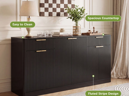 Large Fluted Buffet Sideboard, Wine Bar Storage Cabinet With 6 Doors & 2 Drawers