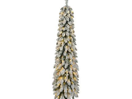 Slim Snow Flocked Pre Lit Pencil Christmas Tree, 3.9Ft / 5.9Ft / 7.9Ft With 750 Branch Tips, 480 LED Lights, Warm Glow, For Indoor Holiday Decor - White