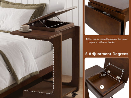 C - Shaped End Table, Rolling With 360° Adjustable & Foldable Desktop, Couch Table With Laptop Stand For Living Room - Walnut