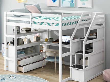 Loft Bed With Desk, Shelves, 2 Drawers, Storage Staircase