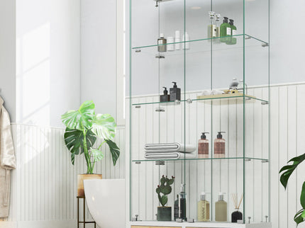 Glass Display Cabinet With LED Lights, Tempered Glass Doors, Large Drawers, 2 Door Storage Case With 4 Shelves - Natural / White