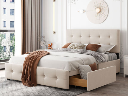 Upholstered Platform Bed With Classic Headboard And Drawers, No Box Spring Needed