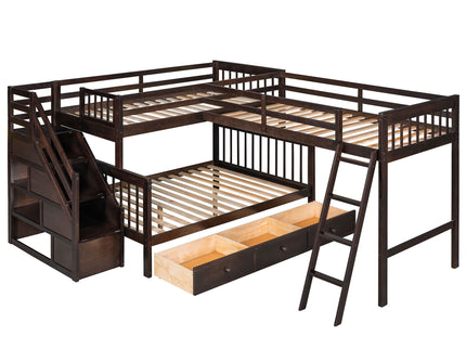 Solid L Shaped Bunk Bed With 3 Drawers, Ladder And Staircase