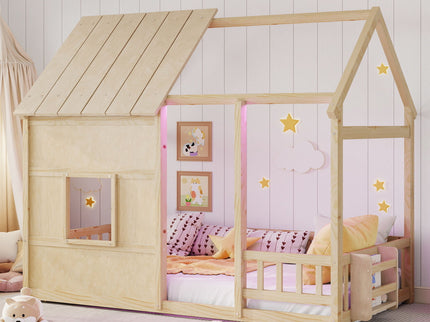 House Floor Bed With 7 Color LED Light, Built In Bookshelf