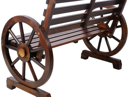 Rustic Country 2 Person Wooden Wagon Wheel Bench With Slatted Seat And Backrest - Brown
