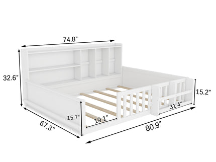 Platform Bed Frame With Guardrail, Storage Shelves & Bookshelf