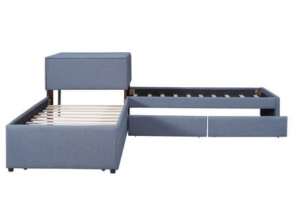 L Shaped Upholstered Platform Bed With Trundle And 2 Drawers Linked With Built In Desk
