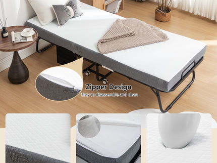 Foldable Metal Frame Bed For Guest With Memory Foam Mattress On Wheels, Saving Space Rollaway Bed