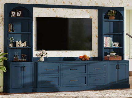Arched Entertainment Center Wall Unit With 6 Drawers, Large TV Stand With Bookshelves