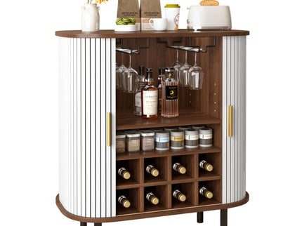 Fluted Wine Bar Cabinet With 8 Grid Wine Rack, 5 Level Adjustable Shelves, 2 Glass Holders