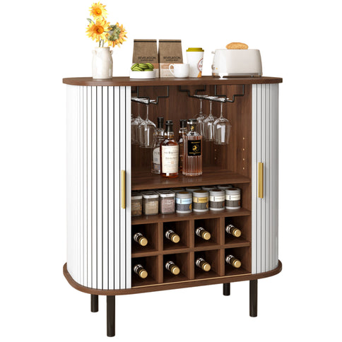 Fluted Wine Bar Cabinet With 8 Grid Wine Rack, 5 Level Adjustable Shelves, 2 Glass Holders