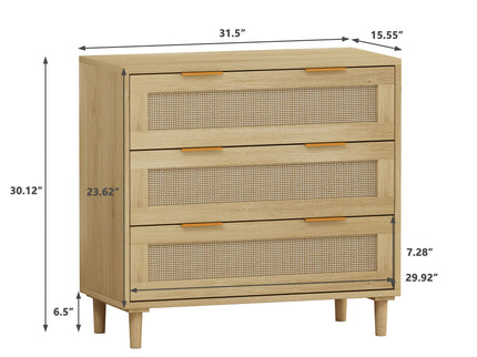3 Drawer Storage Cabinet With Rattan Drawers For Bedroom, Living Room - Oak