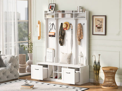 5 In 1 Entryway Bench With Coat Rack, 7 Sturdy Hooks, 2 Spacious Drawers And Adjustable Shelves