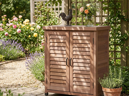 Potting Bench With Storage Cabinet And Metal Table Top For Outdoor