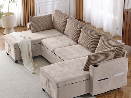 Sectional Sofa Bed With Pull Out Sleeper, USB Ports, Cup Holders