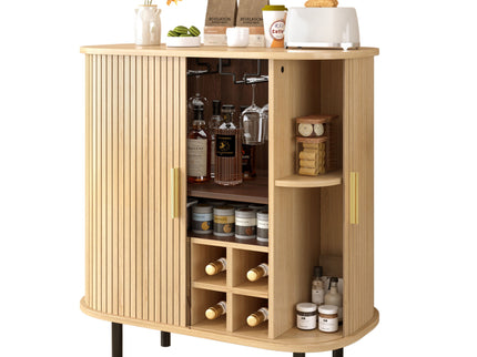 Fluted Wine Bar Cabinet With 8 Grid Wine Rack, 5 Level Adjustable Shelves, 2 Glass Holders