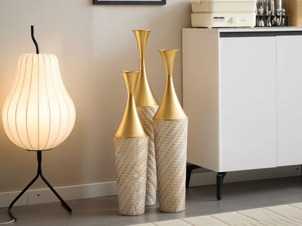 Floor Metal Vase Modern Style Decoration Home Woven Pattern Metal Vase 3 Piece Set Gorgeous Home Decoration Large Glazed Metal Vase - Champagne