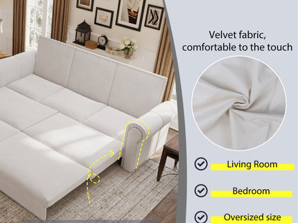 3 In 1 Convertible Sleeper Sofa With Nailhead Trim & Rolled Arm