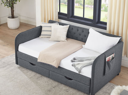 Daybed With Trundle And Storage Drawers, Flat Arms With Pocket