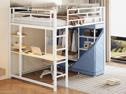 Loft Bed With Desk, Shelves, Power Outlet, LED Light And Wardrobe