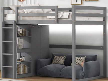 Loft Bed With Built In Wardrobe, Storage Shelves, And LED Light