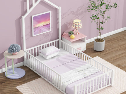 Metal House Platform Bed With Guardrail And Chimney