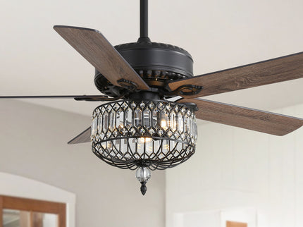 Ceiling Fan With Crystal Lampshade, 5 Blades, DC Motor, 6 Speed Remote Control, 1 / 4 / 8 Hour Timer - Black