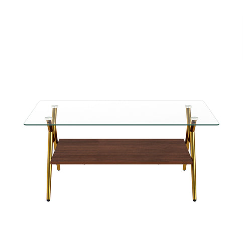 Rectangle Coffee Table With Tempered Glass Top And Shelf