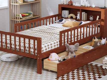 Bed With Headboard Storage Rack, 2 Under Bed Drawers, 3 Side Guardrails For Safety