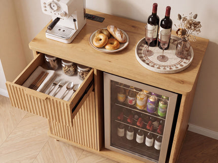 Fluted Coffee Bar Cabinet With Mini Fridge Space & Charging Station - Natural